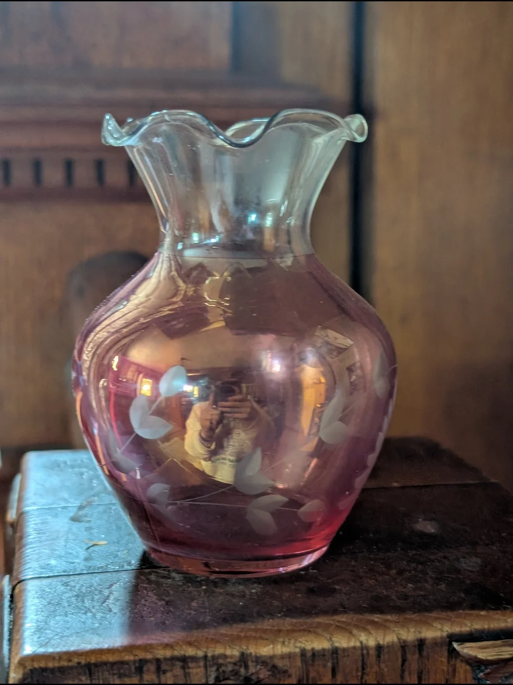 Vintage Pink Iridescent Glass Vase with Etched Floral Design Ruffle Cranberry